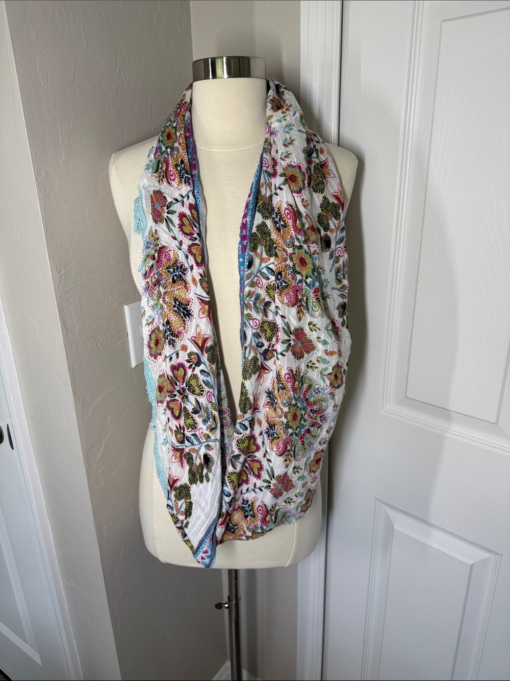 Boho woven infinity scarf with tassel trim